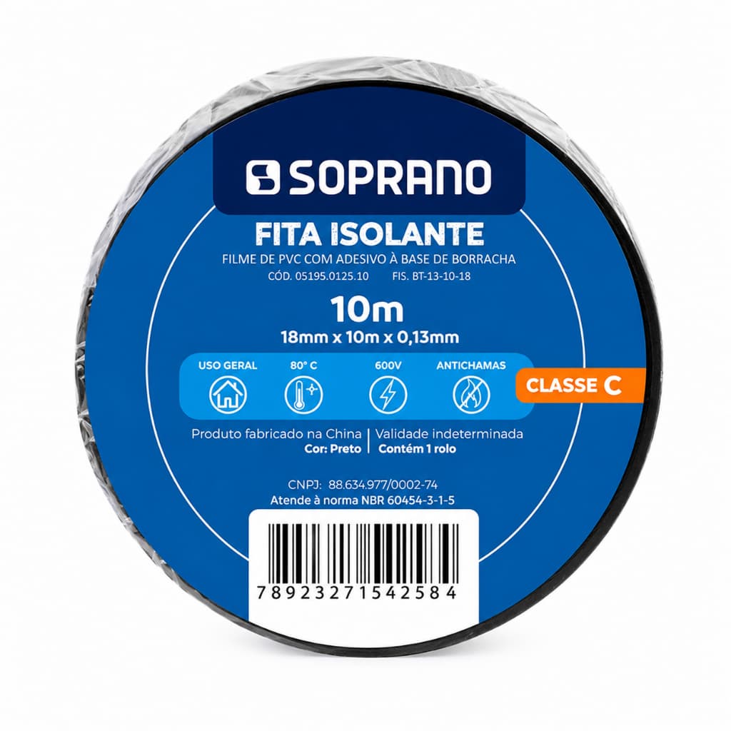 Fita Adesiva Preta Rolo 10 Metros Fita Isolante Soprano Preto Liso