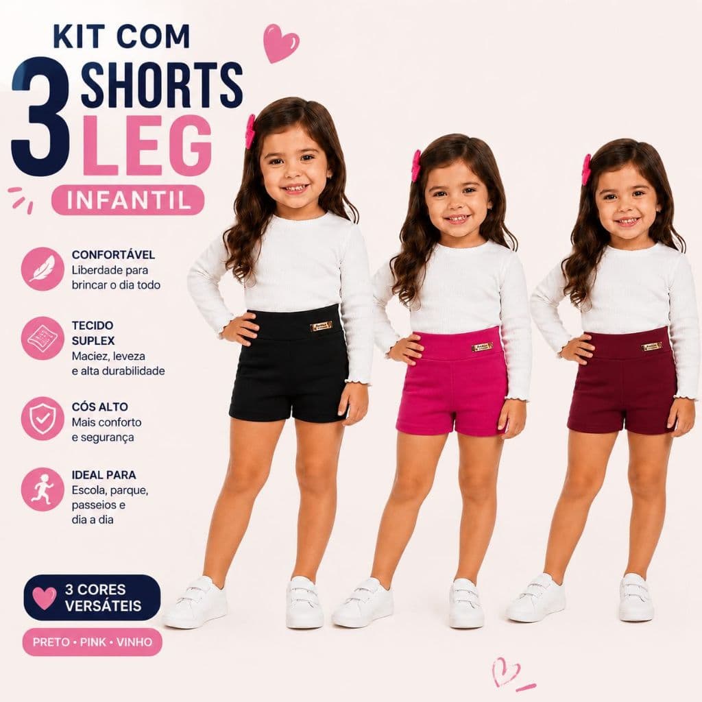 Kit 3 Short Legging Infantil Bermuda ciclista Basica Lisa Escolar
