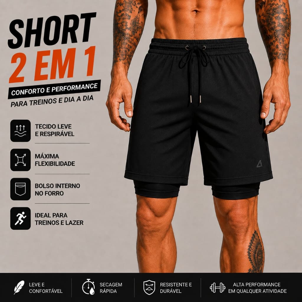 Bermuda Masculina 2 em 1 Dry Fit Compressão Bolso Academia