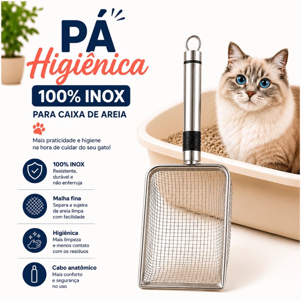 Pá Prática Higiênica Limpeza De Areia para Gatos Animais de Estimação Peneira Coletora Aço Inox