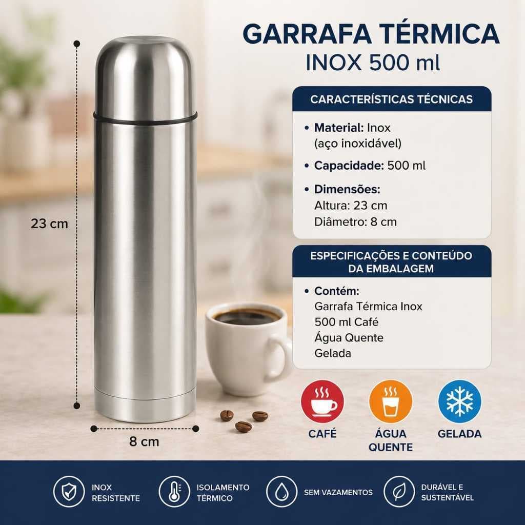Garrafa Termica Inox 500ml Pratica Faculdade Trabalho Cafe Isolamento Termico Alta Durabilidade 🍶