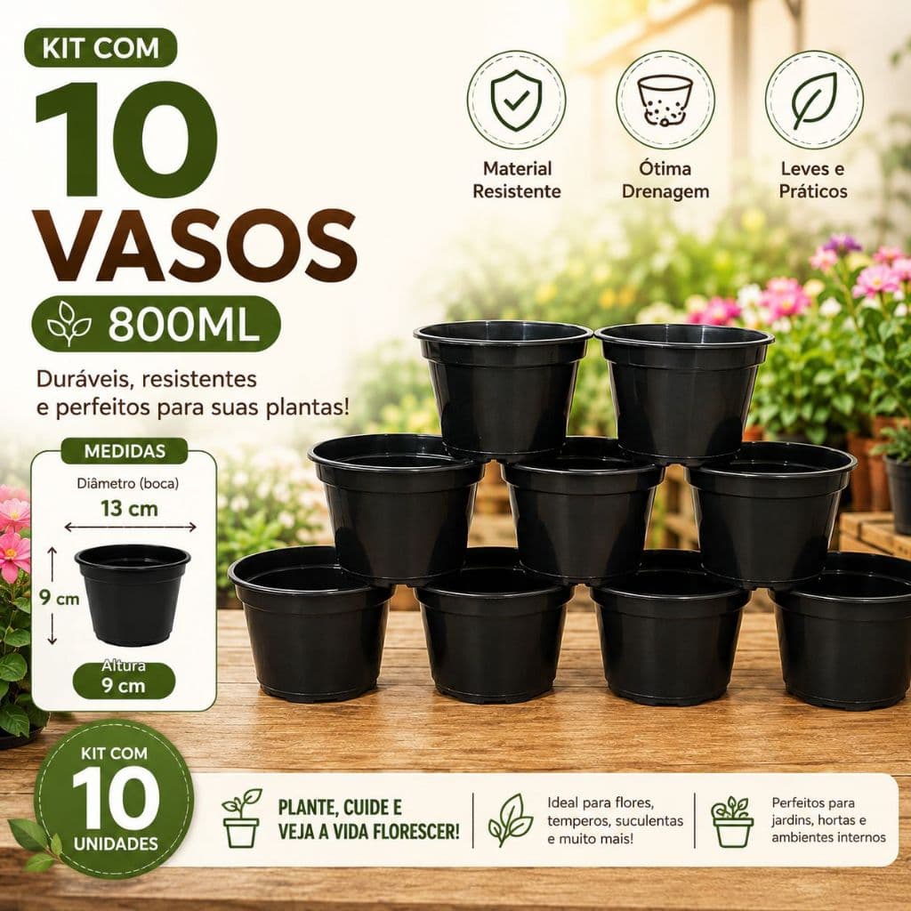 Kit com 10 Vasos Plásticos Redondos 800ml - Ideal para Jardinagem, Cultivo e Mudas