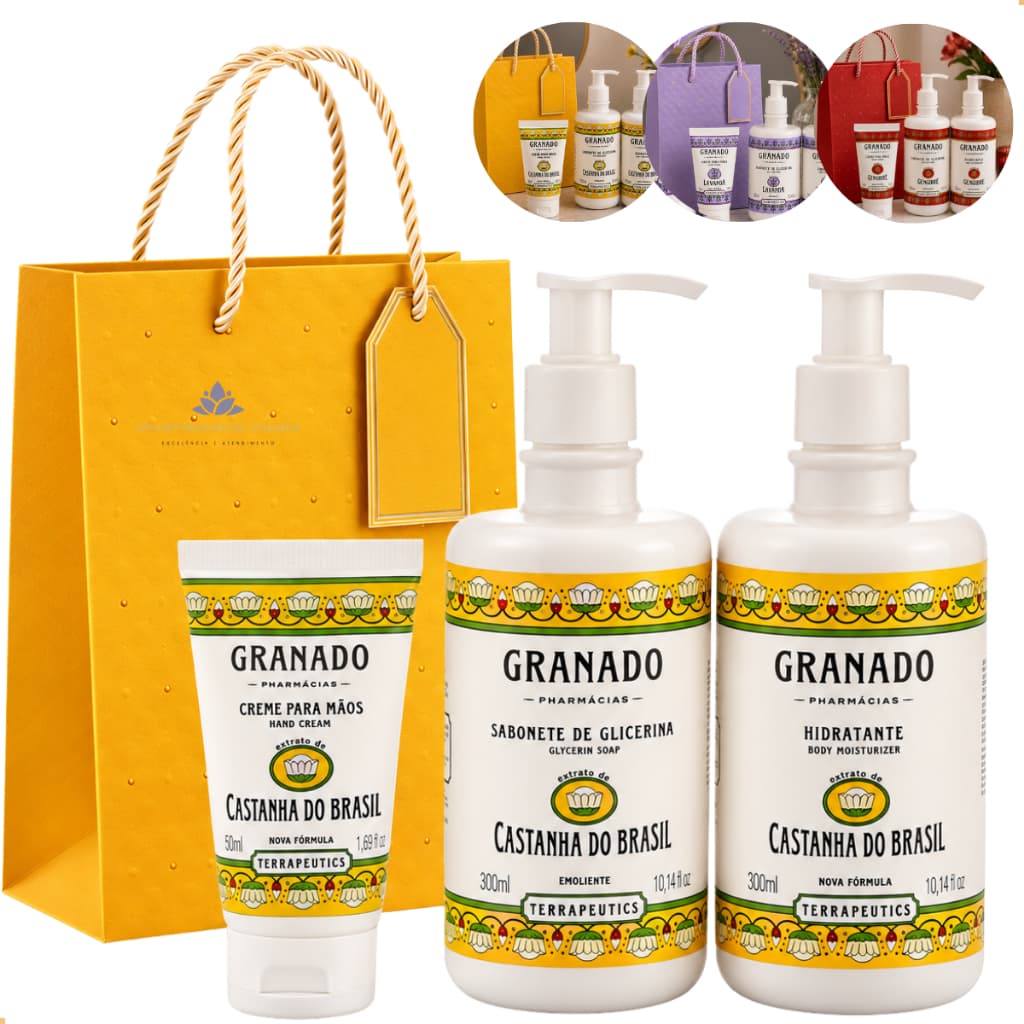 Kit Hidratante Creme Mãos Sabonete Liquido Granado Presente Castanha