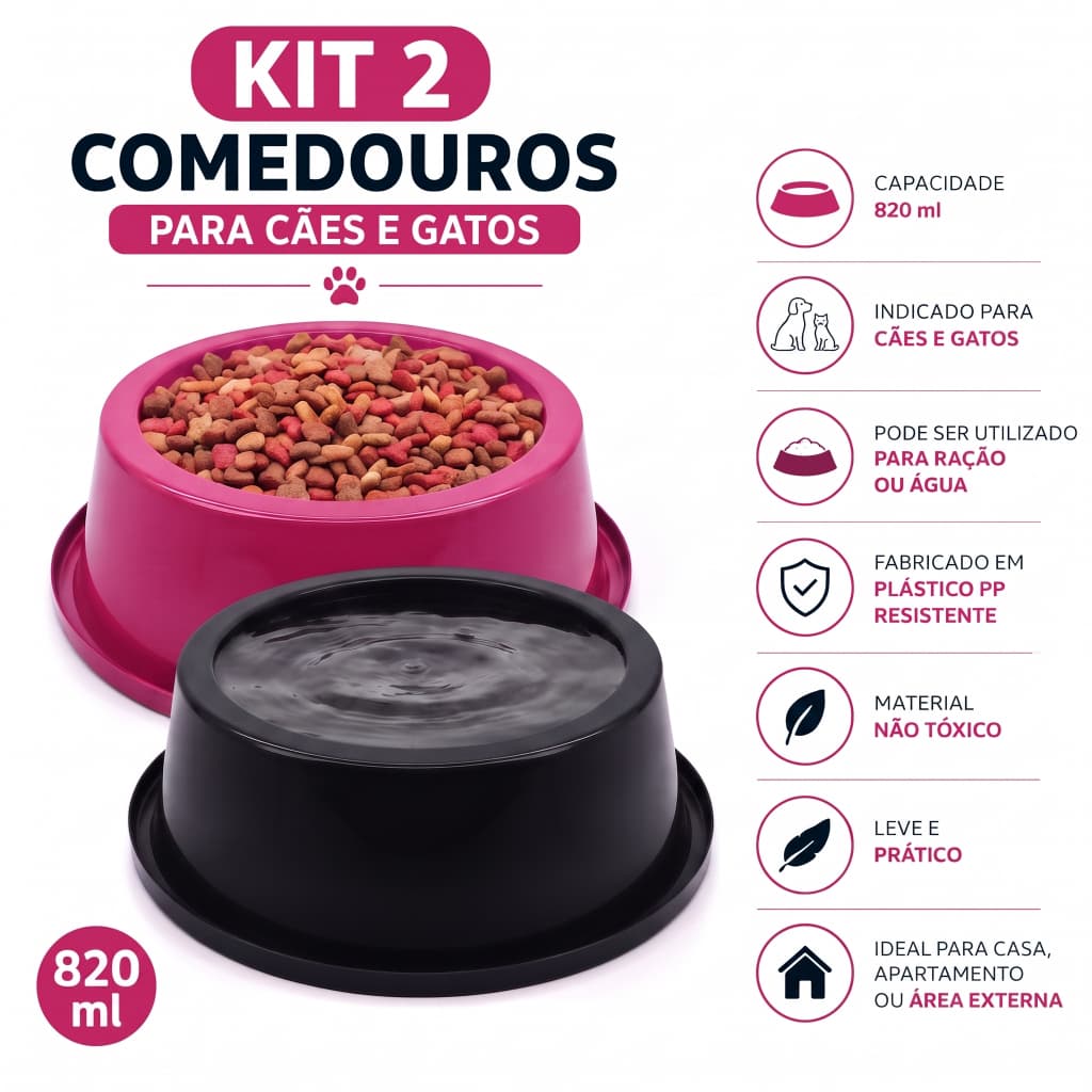 Kit 2 Comedouros Bebedouros para Cães e Gatos 820ml – Pote para Ração e Água