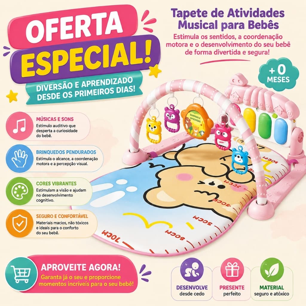 Tapete Atividades Bebê Musical Piano Interativo Arco Móbiles Inmetro Animal World, Musical Coloridos Brinquedo Sensorial