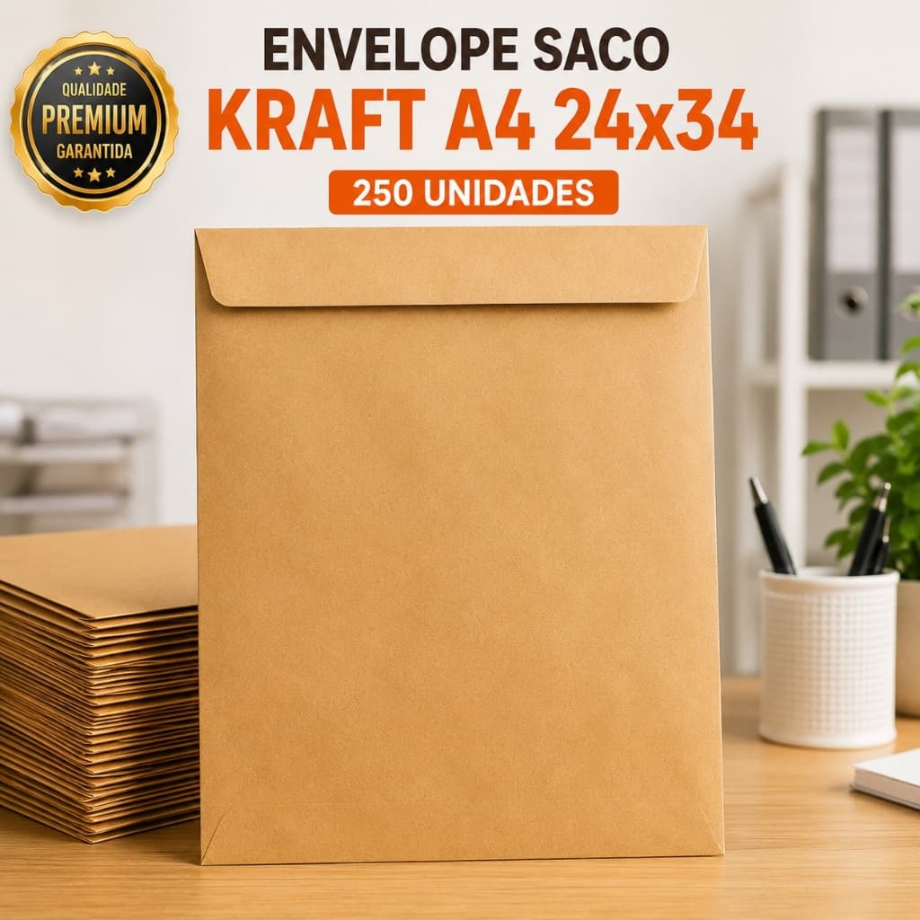 Envelope Saco Kraft Pardo A4 Ofício 24x34 240x340mm Caixa 250 Unidades para Documentos