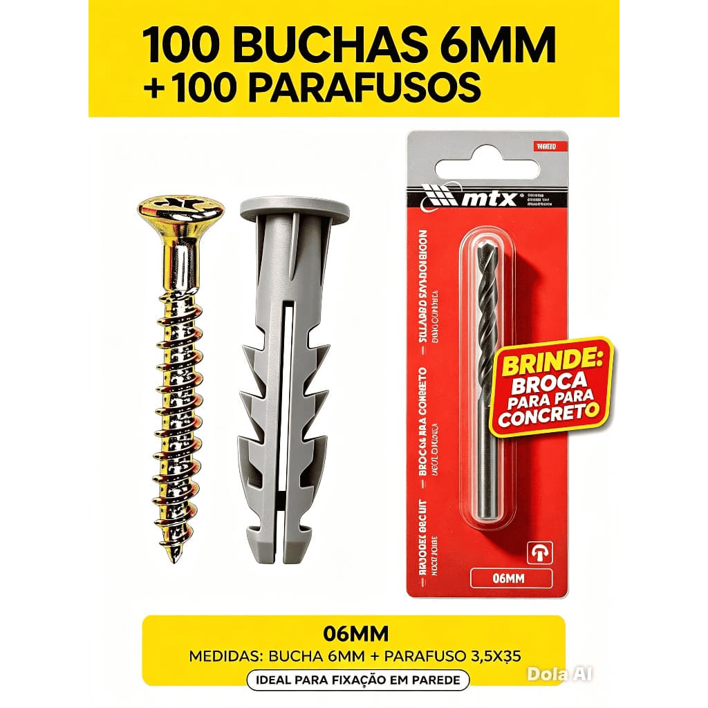 Parafuso Com Bucha Anel Nº6mm De 50 á 200 Peças Para Concreto ou Alvenaria