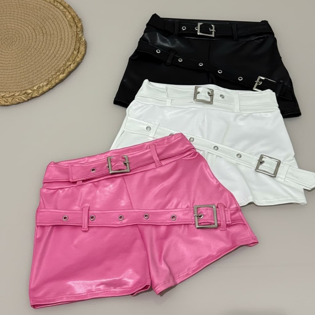 Short Lilian em Cirrê Acetinado Feminino Liso Cinto Atravessado Fivela Tendência Moda Blogueira Courinho