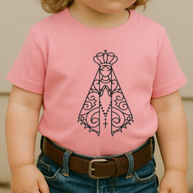 Camiseta 100%Algodão Feminina Country Estampa Nossa Senhora Aparecida Minimalista Fine Line Católica Trevix