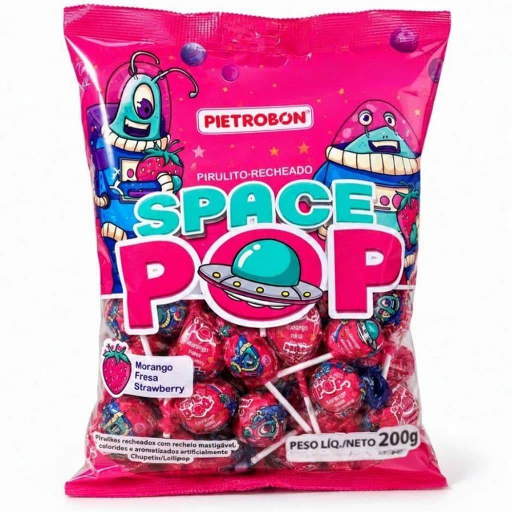Pirulito Bola Morango Pietrobon Recheado tematico Espaço Festa aniversário pacote atacado 200g doce mastigável infantil