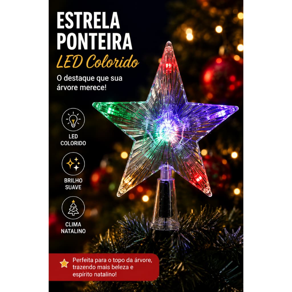 Estrela Iluminada Led Colorida Topo Arvore Natalina Decorativa Festas