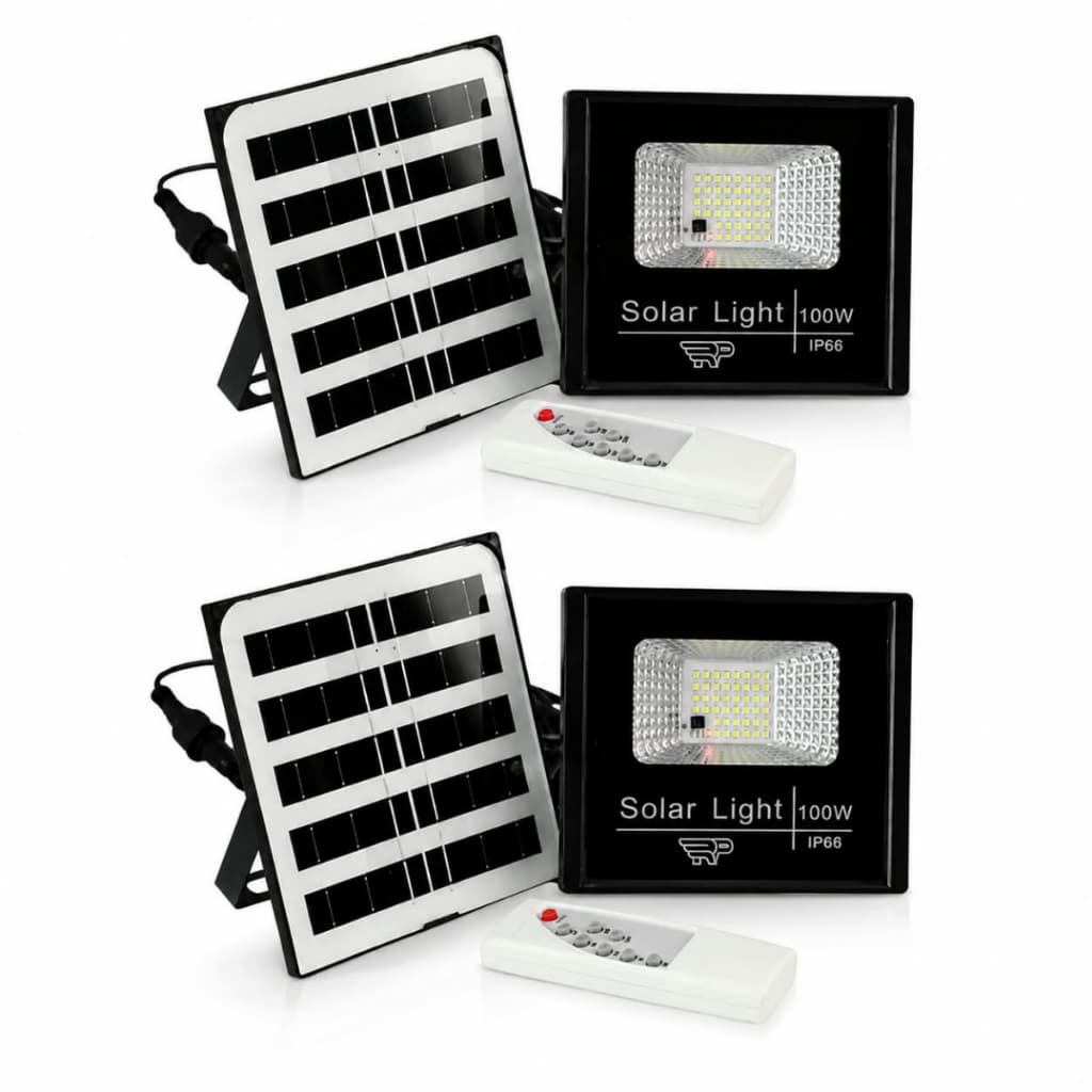 Kit 2 Refletor Solar LED 100W Sensor Controle Remoto IP66