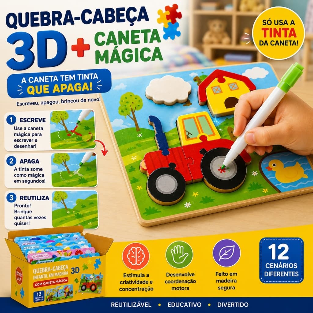 Quebra-Cabeça Infantil Educativo Montessori de Madeira 3D com Caneta Mágica Brinquedo Pedagógico Sortido