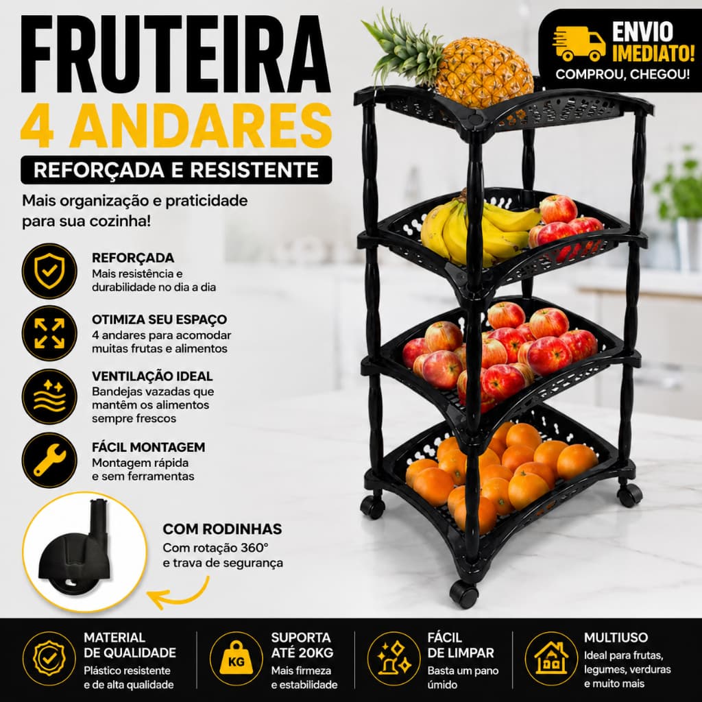 FRUTEIRA DE CHÃO DE PLÁSTICO MULTIUSO 4 ANDARES ORGANIZADOR EMPILHÁVEL COM RODINHAS PRETA