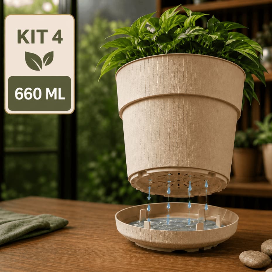 Kit 4 Vasos De Planta 660ml Com Prato Acoplado Antidengue Vaso Plástico Jardinagem Jaguar