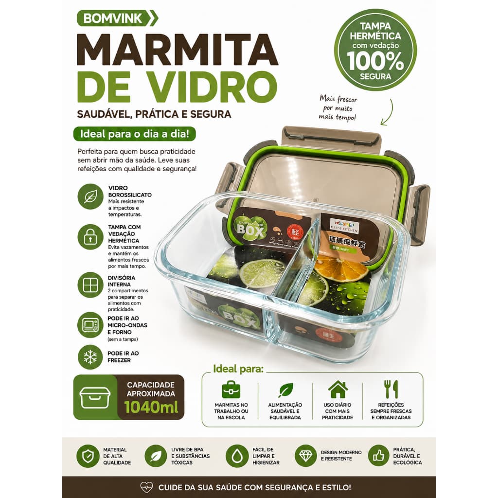 Marmita com Divisória de Vidro 1000ml