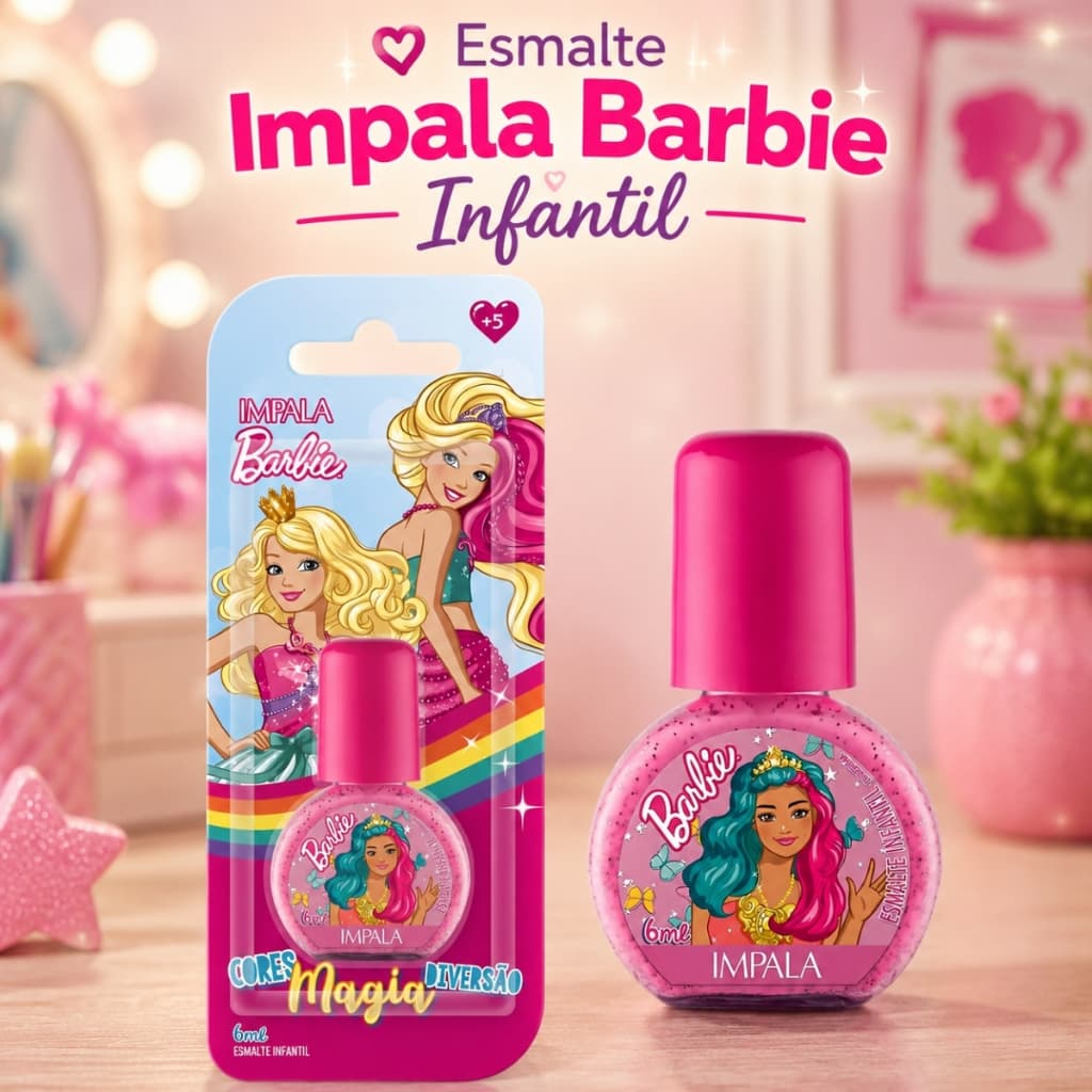 Esmalte Infantil Impala Barbie Brilho Encantado Glitter e Rosa 6ml Base de Água Menina