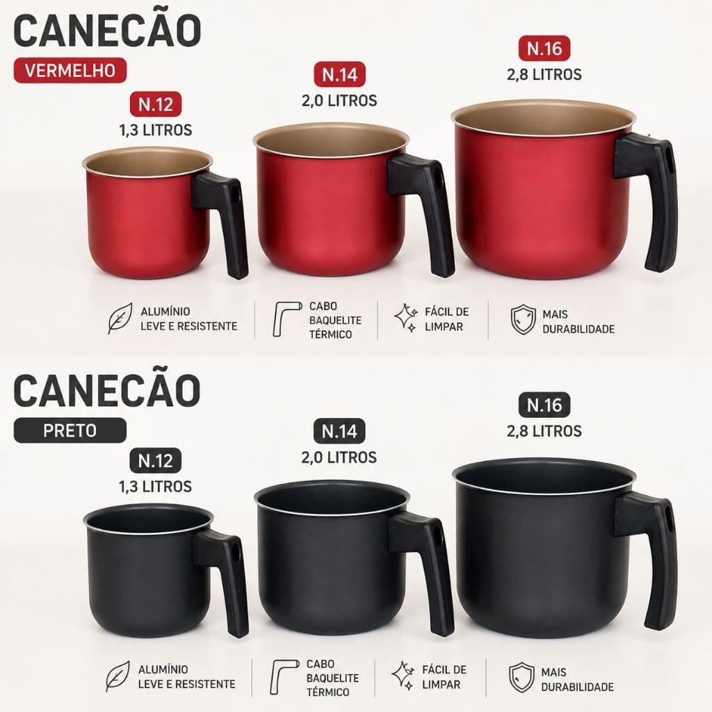 Kit 3 Canecao Leiteira Fervedor Antiaderente Aluminio Cabo Baquelite 1,3L 2,0L e 2,8L Preto ou Cereja