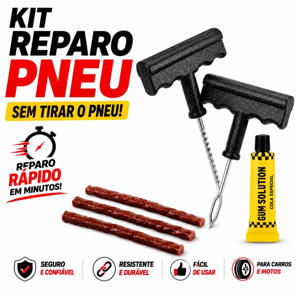 Kit Reparo Pneu Macarrão Moto Carro Com Refil Remendo Selante Conserto Sem Câmara Profissional