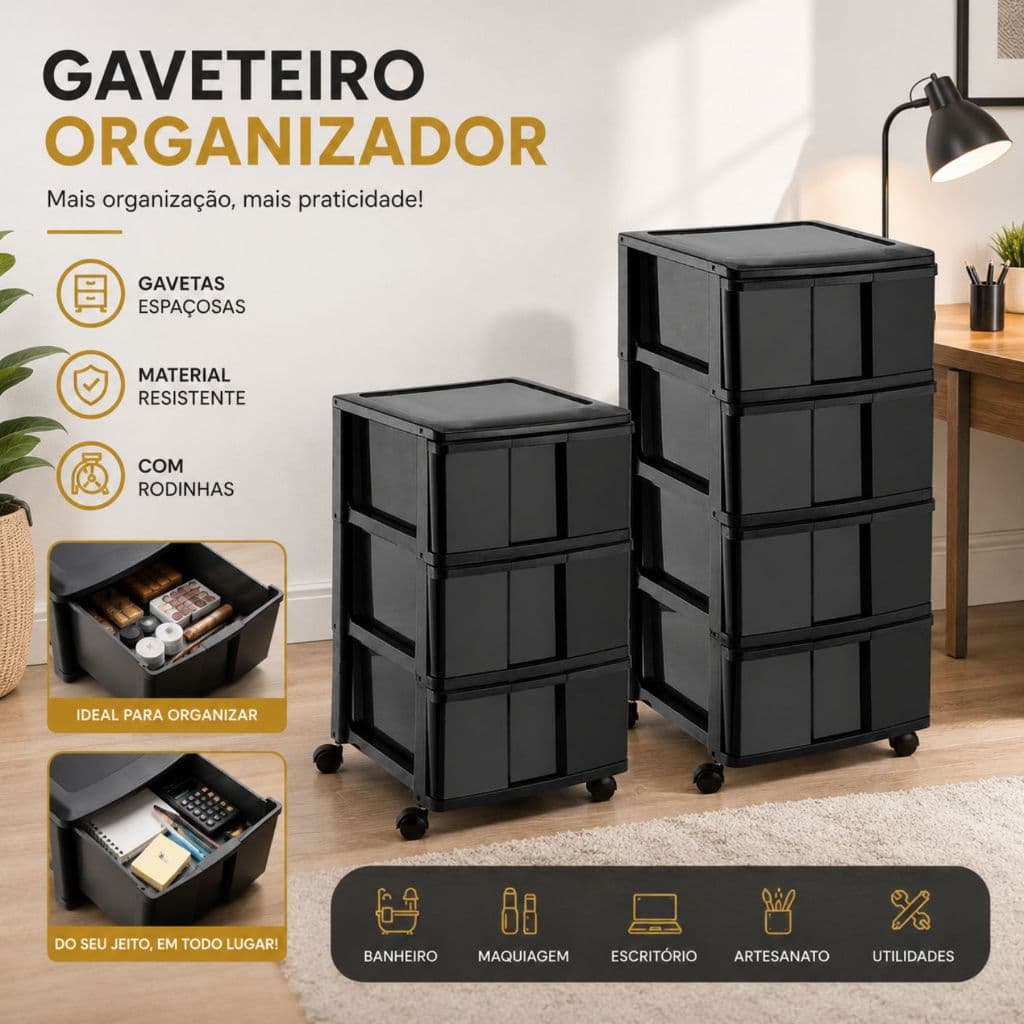 Gaveteiro Organizador Grande 3 e 4 Gavetas De Chão Com Rodas Cozinha Escritorio Quarto Plástico Multiuso