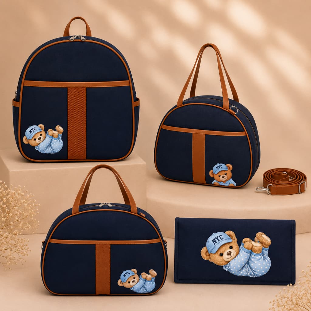 Kit Bolsa Maternidade Completo 4 Peças – Mochila + Bolsa Grande + Bolsa Pequena + Trocador Ursinho