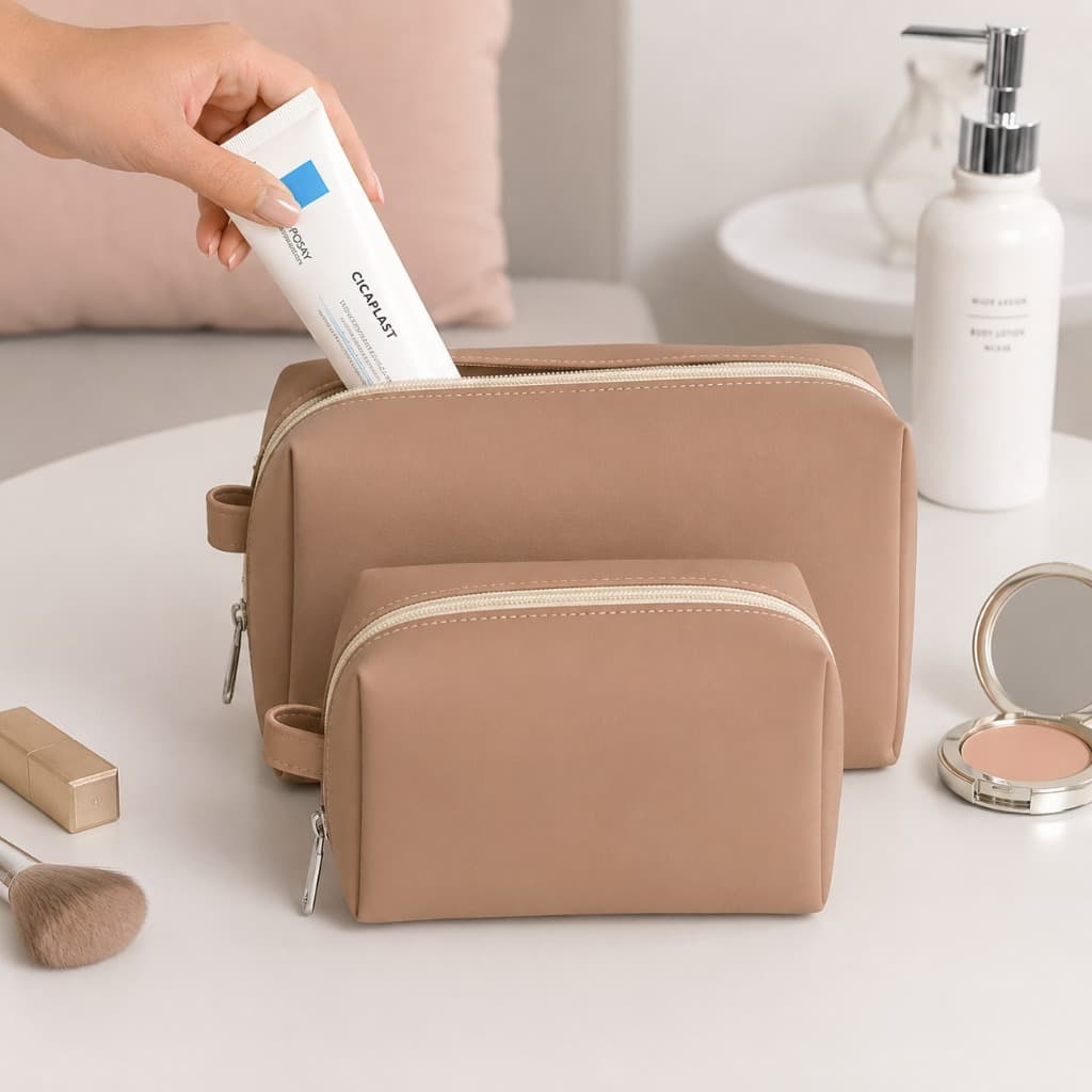 Kit 2 Nécessaires Femininas em Tweed com Zíper Bolsa Organizadora para Maquiagem Cosméticos Viagem e Dia a Dia