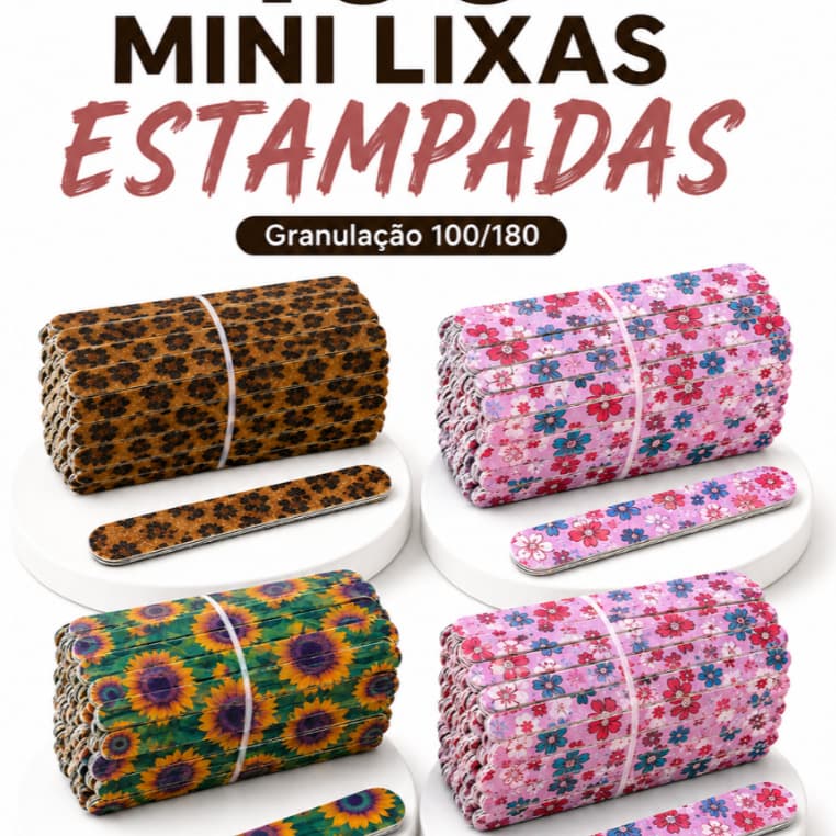 Kit Mini Lixa 100 Un 8cm Estampada para Manicure Pedicure Clinica de Estetica Spa Qualidade uso Profissional
