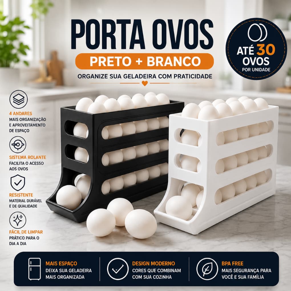Porta Ovos Organizador de Geladeira 4 Andares Para 30 Ovos Preto ou Branco KIT 1 OU 2