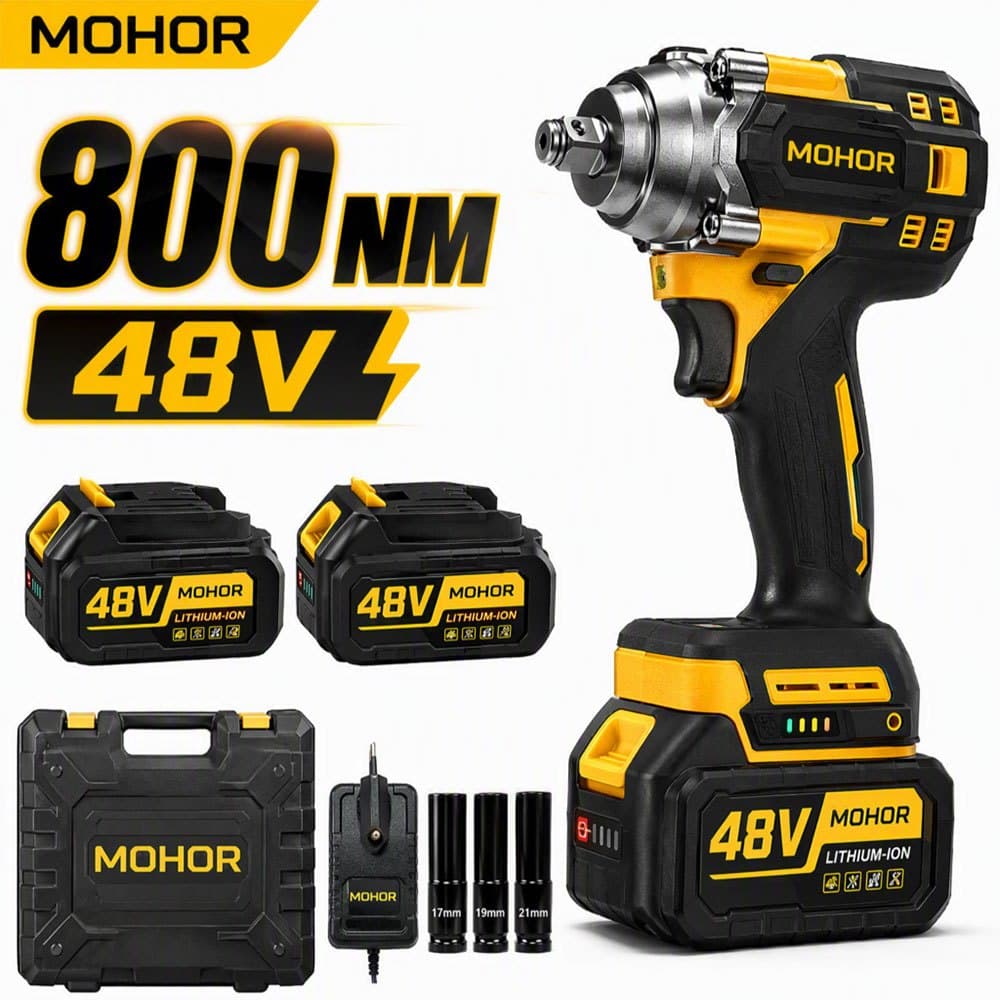 MOHOR Chave de Impacto 48V 800Nm Sem Fio com 2 Baterias Recarregáveis e Estojo Plástico Alto Desempenho