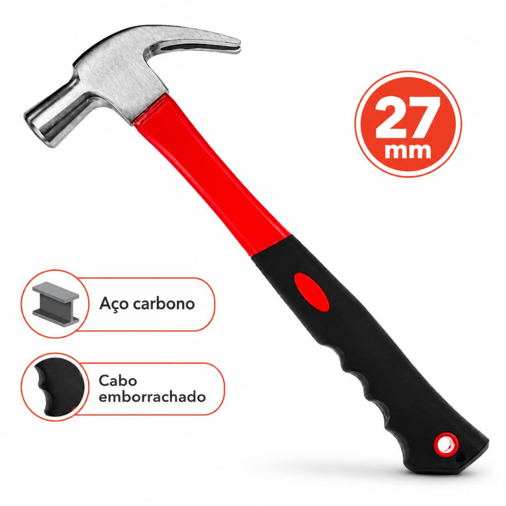 Martelo Unha 27 mm Material Aço Carbono Cabo Fibra Emborrachado Acabamento Polido