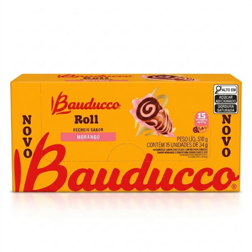 Bolinho Bauducco Roll Recheado Morango 510g Caixa com 15 Unidades