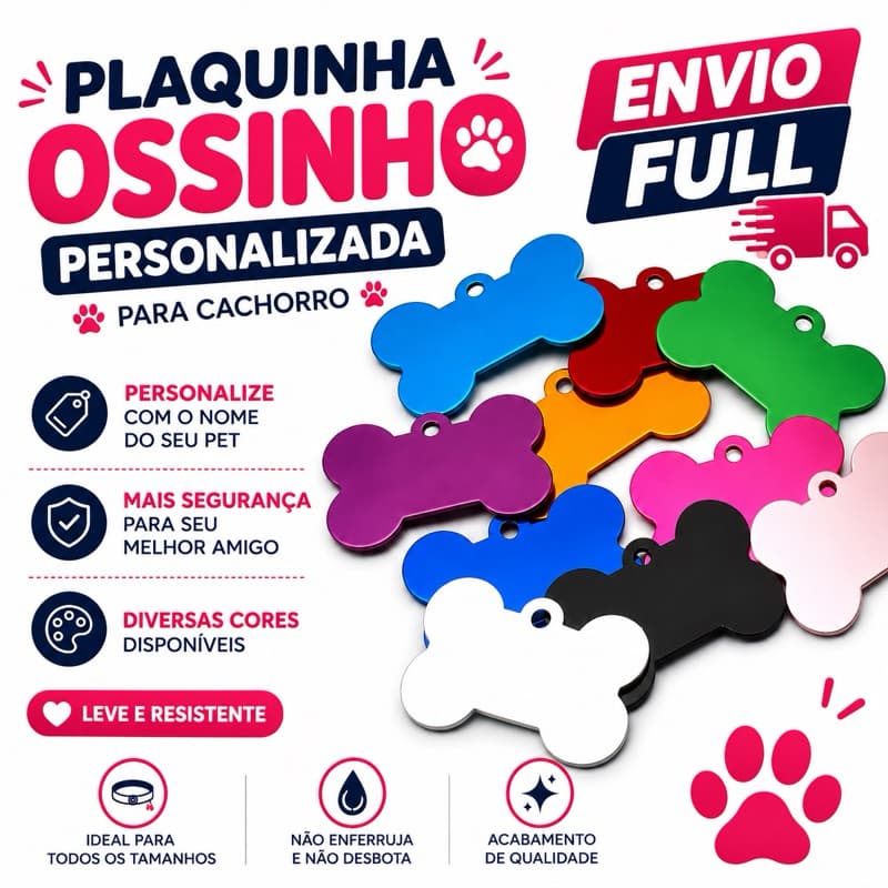 Plaquinha Ossinho para Cachorro Personalizada com Nome – Identificação Pet