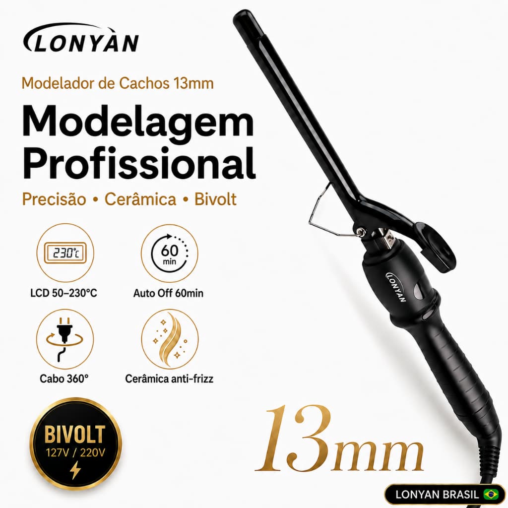 Ferro de Cacho Profissional 13mm Babyliss Modelador de Cachos LONYAN Bivolt 127V 220V íons Cachos Definidos Anti Frizz