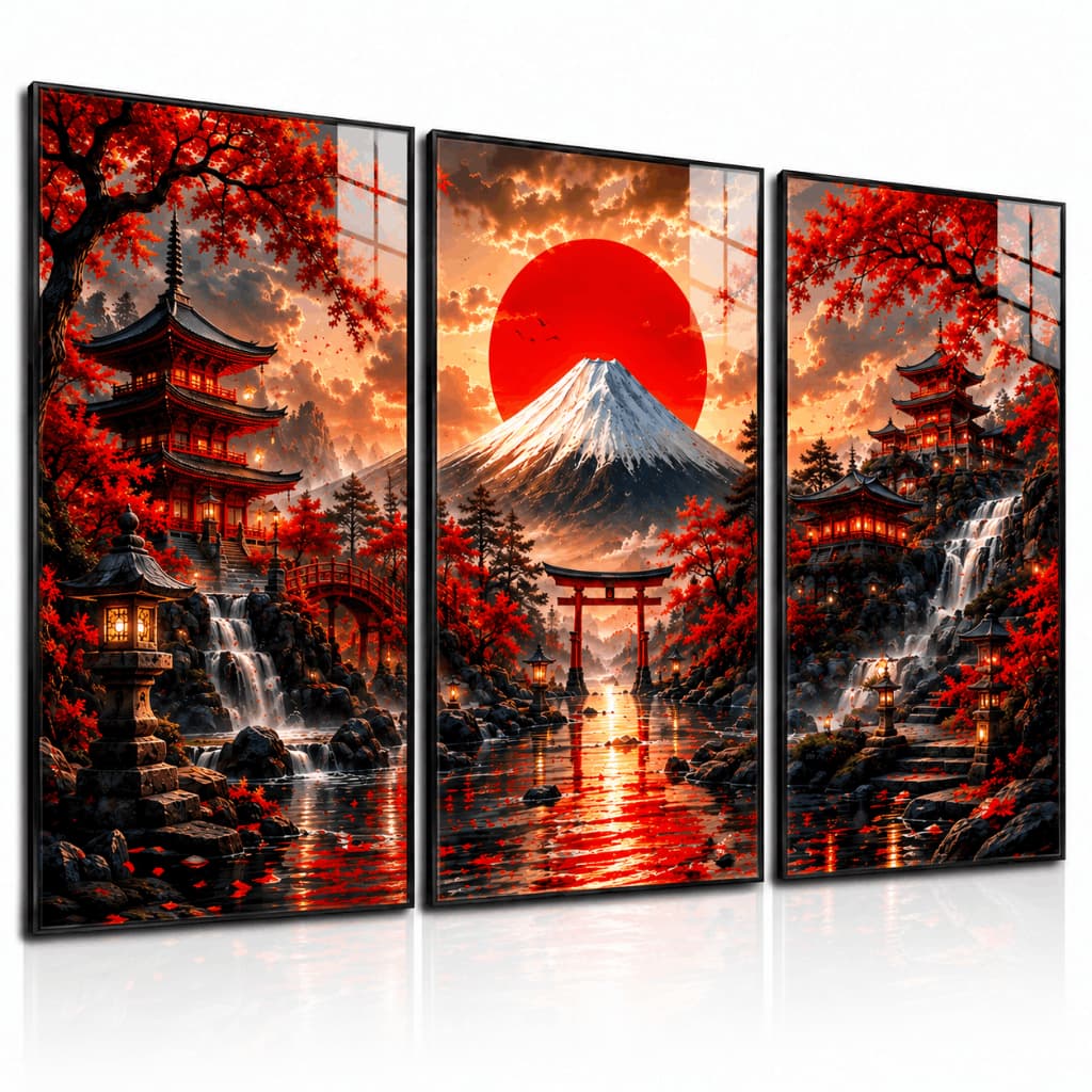 Kit 3 Quadros Decorativos Japão Monte Fuji Templo Japonês Paisagem Oriental Vermelha