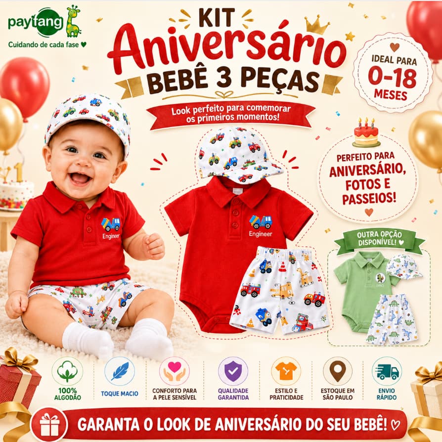 Payifang Conjunto Bebê Menino 3 Peças 100% Algodão 0-18 Meses Roupa Infantil Body Polo Short Chapéu Estampado