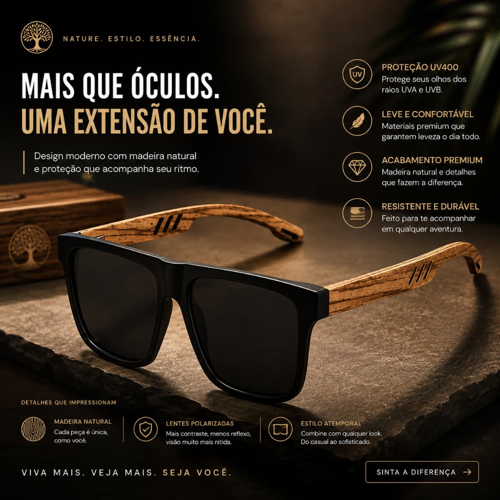 Óculos de Sol Premium Masculino com Armação em Madeira Natural – Estilo, Conforto e Proteção