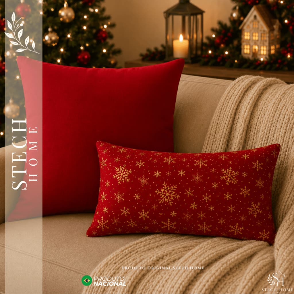 Kit 2 Almofadas Natalinas Decorativas – 1 Almofada 45x45cm + 1 Baguete 50x30cm para Sofá e Cama