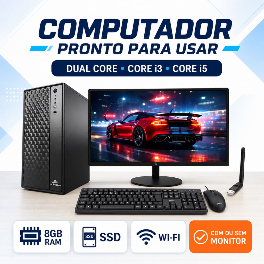 Computador PC Dual Core i3 i5 8GB SSD Wi-Fi com Monitor 15 Usado ou 18,5 Usado/Novo