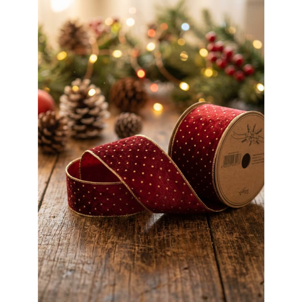 Fita Natal Vermelha 9x914cm Pontos Dourados Aramada Natalina com Veludo Natal Premium