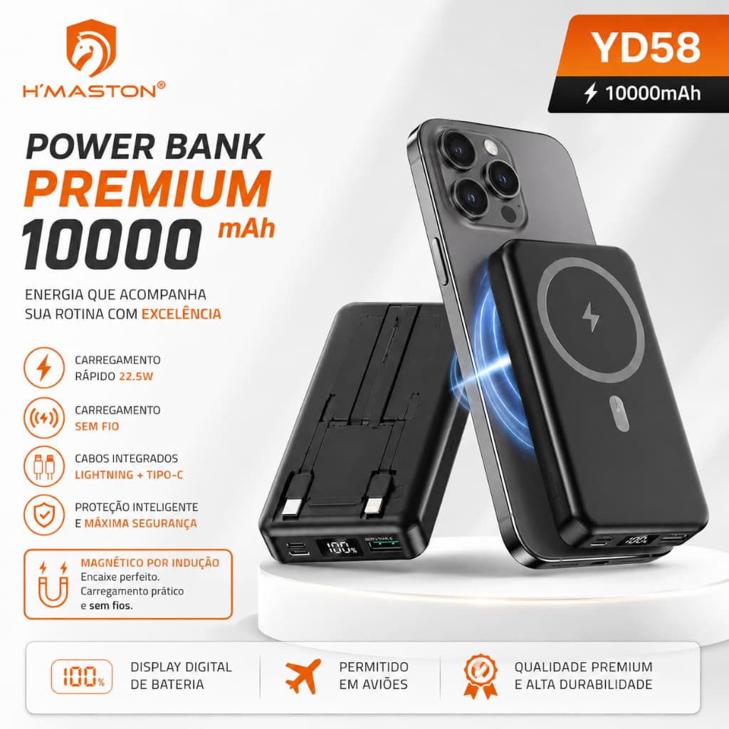 Carregador Portátil Power Bank Turbo 20w Bateria 10000mah 20w Por indução Magnético Com Suporte