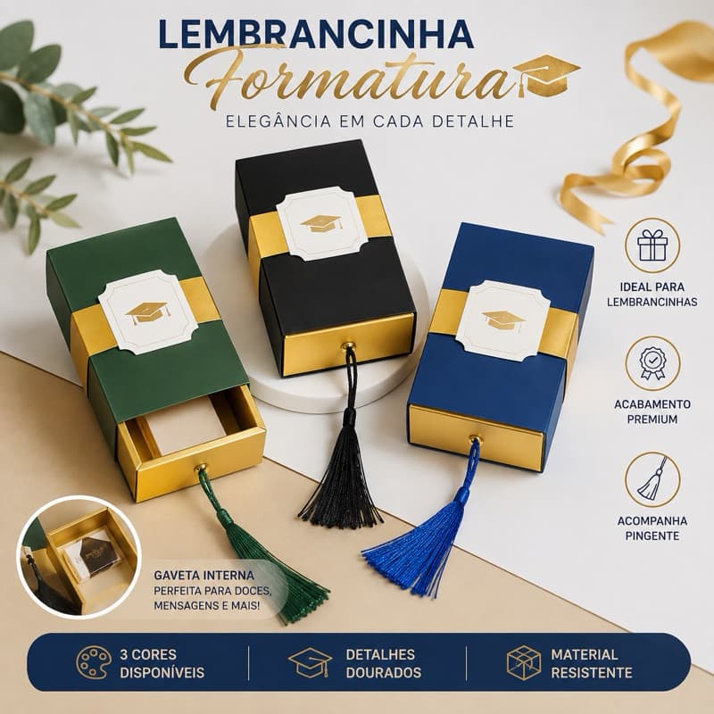 Lembrancinha Formatura Caixinha com Gaveta para Doces Bombons Capelo Festa Formando com pingente