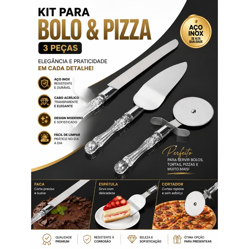 Kit utensílios de Cozinha 03 peças metal e plástico