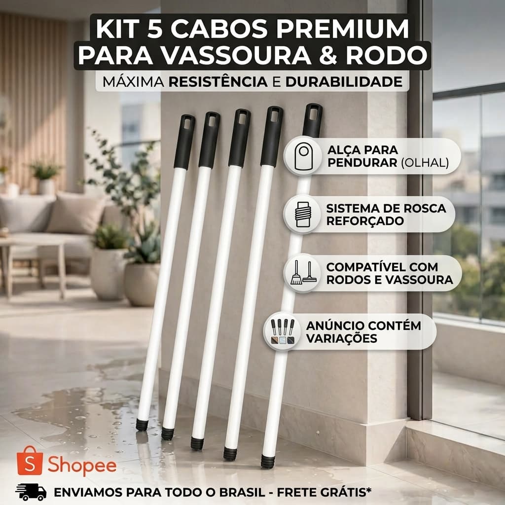 CABO DE ALUMÍNIO PARA RODOS E VASSOURAS 1,25 METROS PROFISIONAL - ESCOLHA A QUANTIDADE
