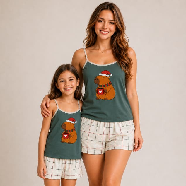 Kit Babydoll Mãe e Filha Natalino Capivara – Pijama Tal Mãe Tal Filha com Short Xadrez Verde Pijamas Doce Sonhar