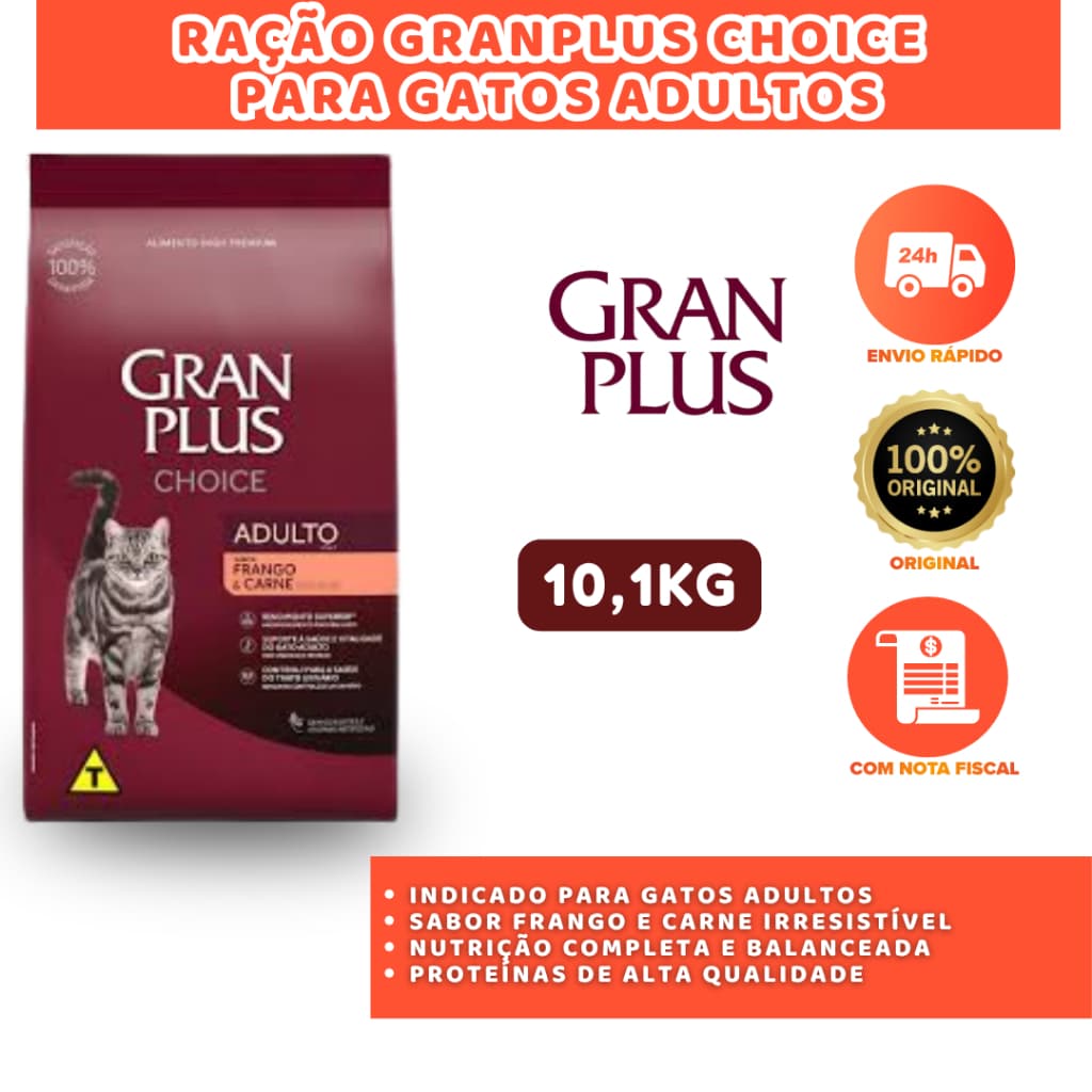 RAÇÃO GRANPLUS CHOICE GATOS ADULTOS FRANGO E CARNE 10,1KG NUTRIÇÃO COMPLETA