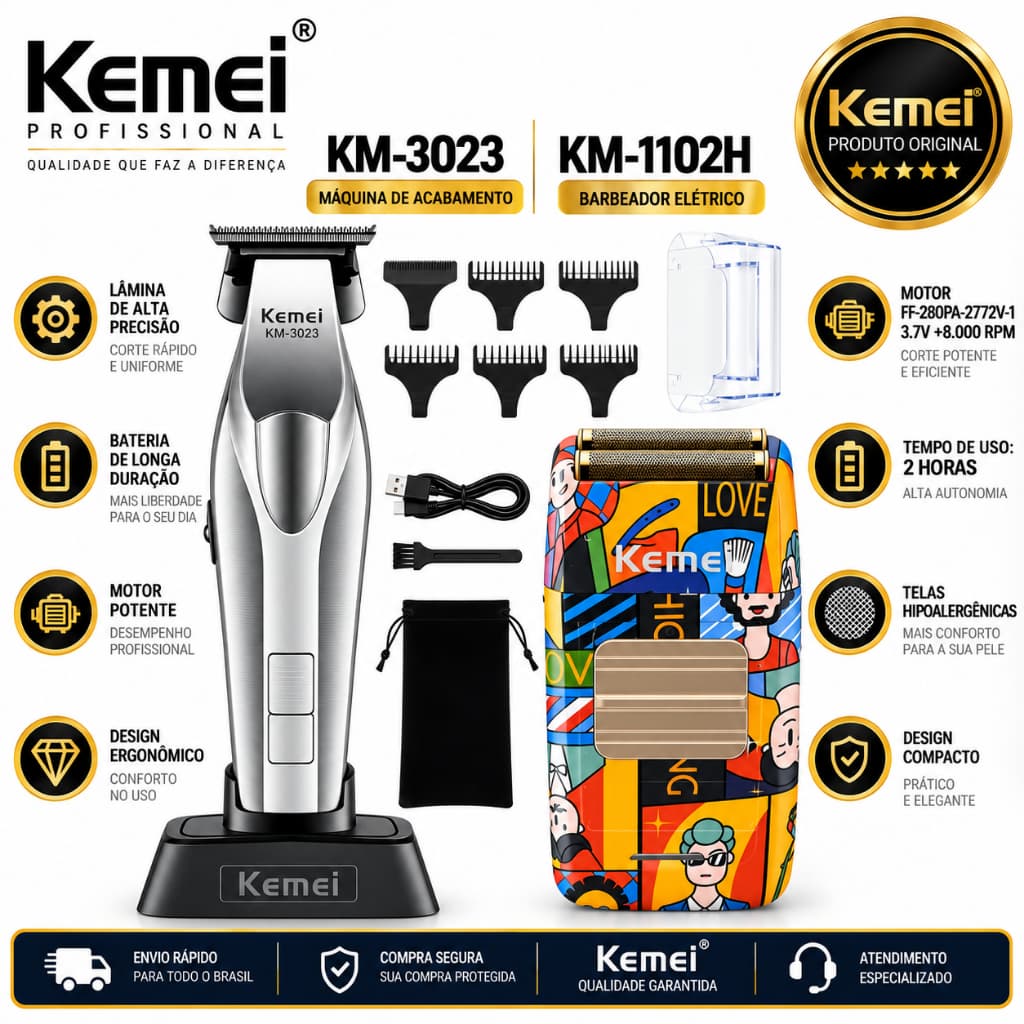 Kit 2 máquinas Kemei Máquina de Acabamento km-3023 9.000RPM 0Gap + Barbeador km-1102h +7.000RPM Profissional