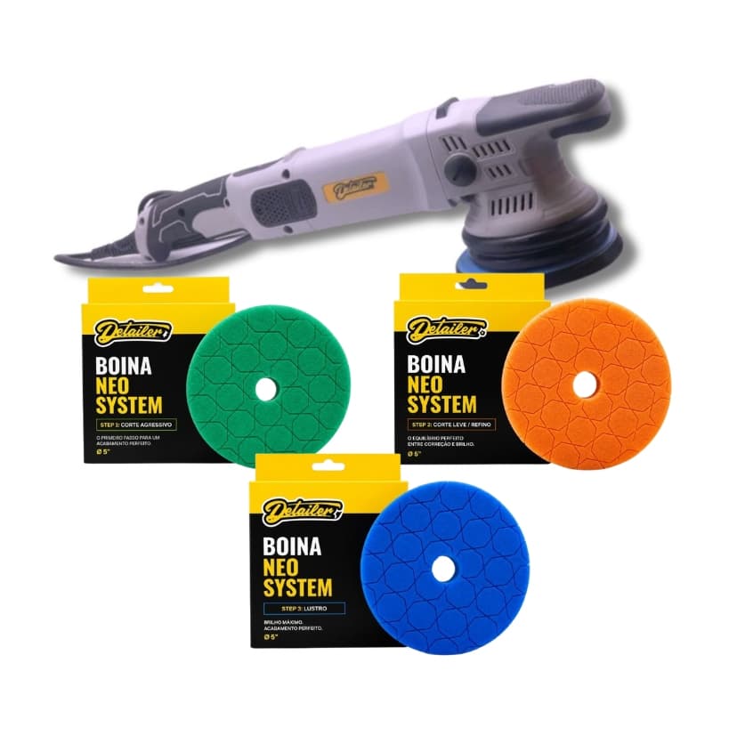Politriz Roto Orbital 15mm Detailer + 3 Boinas (Corte, Refino e Lustro) 5'' Polimento Automotivo