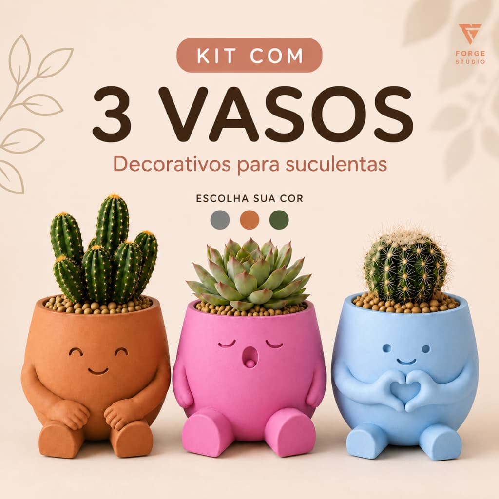 Kit com 3 Vasinhos Decorativos para Suculentas e Cactos | Decoração Fofa e Minimalista