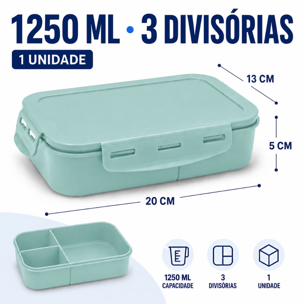 Marmita Hermética Tiffany 1250ml 3 Divisórias BPA Free Reutilizavel Freezer Microondas Lava Louças