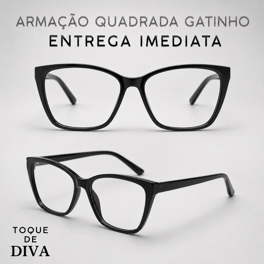 Armação De Óculos Grau Feminino Quadrado Gatinho Preto Rosto Redondo
